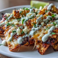Cinco de Mayo Elote Nachos with Chipotle Crema, loaded with charred corn, melted cheeses, and smoky crema, perfect for parties.  