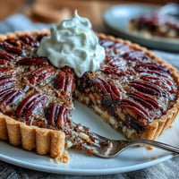 Rich chocolate bourbon pecan tart, piled high with toasted nuts.