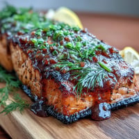 Juicy Cedar Plank Salmon with Maple Dijon Glaze, smoky and sweet.