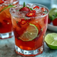Refreshing strawberry chili limeade mocktail with vibrant fruits and spicy zest.